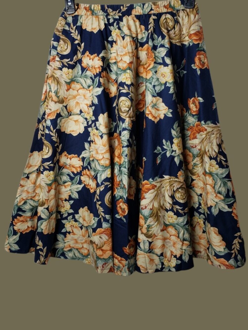 Vintage Floral Print Elastic Waist Midi Skirt In Navy & Orange One Size - Picture 2 of 10